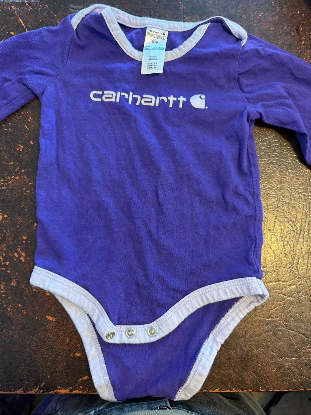 Carhartt Baby Long Sleeve Bodysuit Purple Logo Size 9 Months 100% Cotton